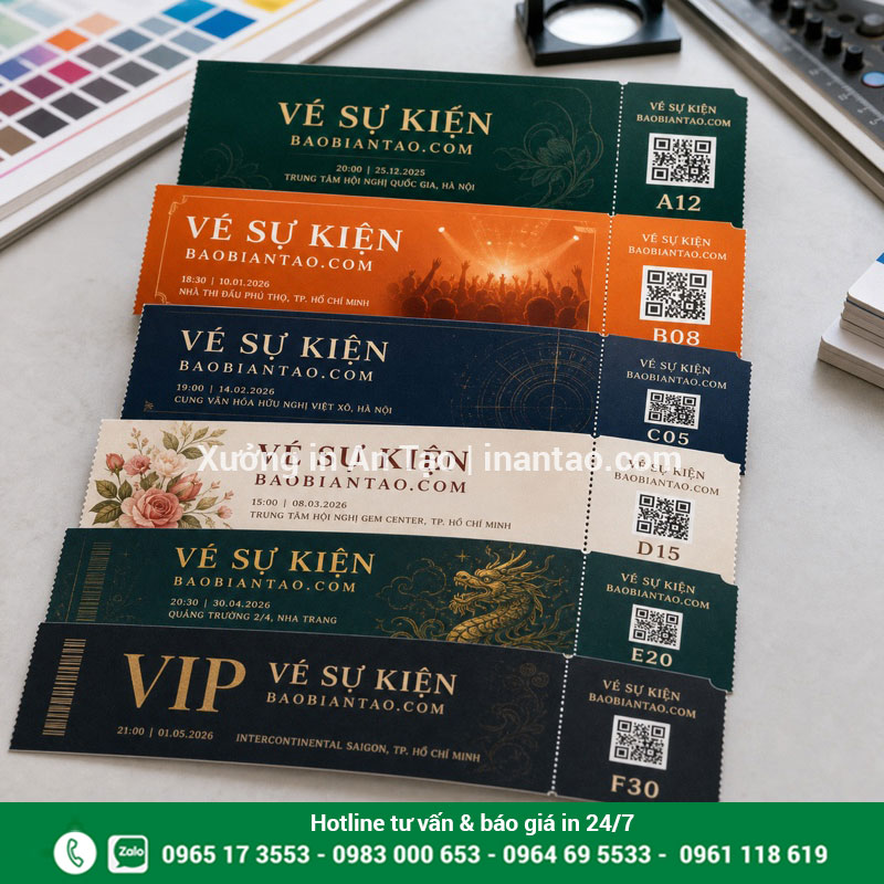 Vé sự kiện thiết kế và in hoàn chỉnh tại baobiantao.com Bộ vé sự kiện in màu có mã QR và cuống xé tại baobiantao.com