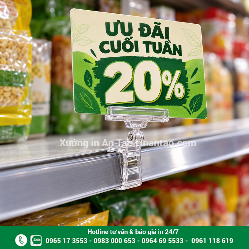 Wobbler kẹp và cách gắn bảng lên kệ Kẹp nhựa hai đầu giữ bảng ưu đãi màu xanh trên mép kệ hàng
