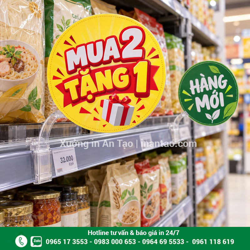 Bố trí wobbler siêu thị tại điểm bán Wobbler siêu thị in ưu đãi mua hai tặng một, gắn thân nhựa trước kệ hàng