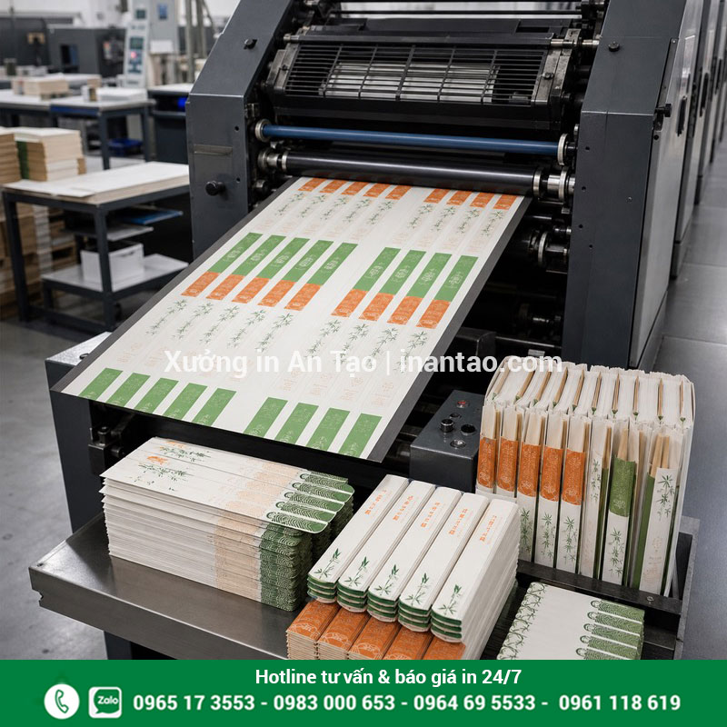 Xưởng in bao đũa HCM sản xuất trực tiếp Máy in tại xưởng đang sản xuất bao giấy bọc đũa theo mẫu